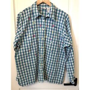 Vtg  Koret Francisca Women XL Petite Green Plaid Shirt Embroidered Floral Boho